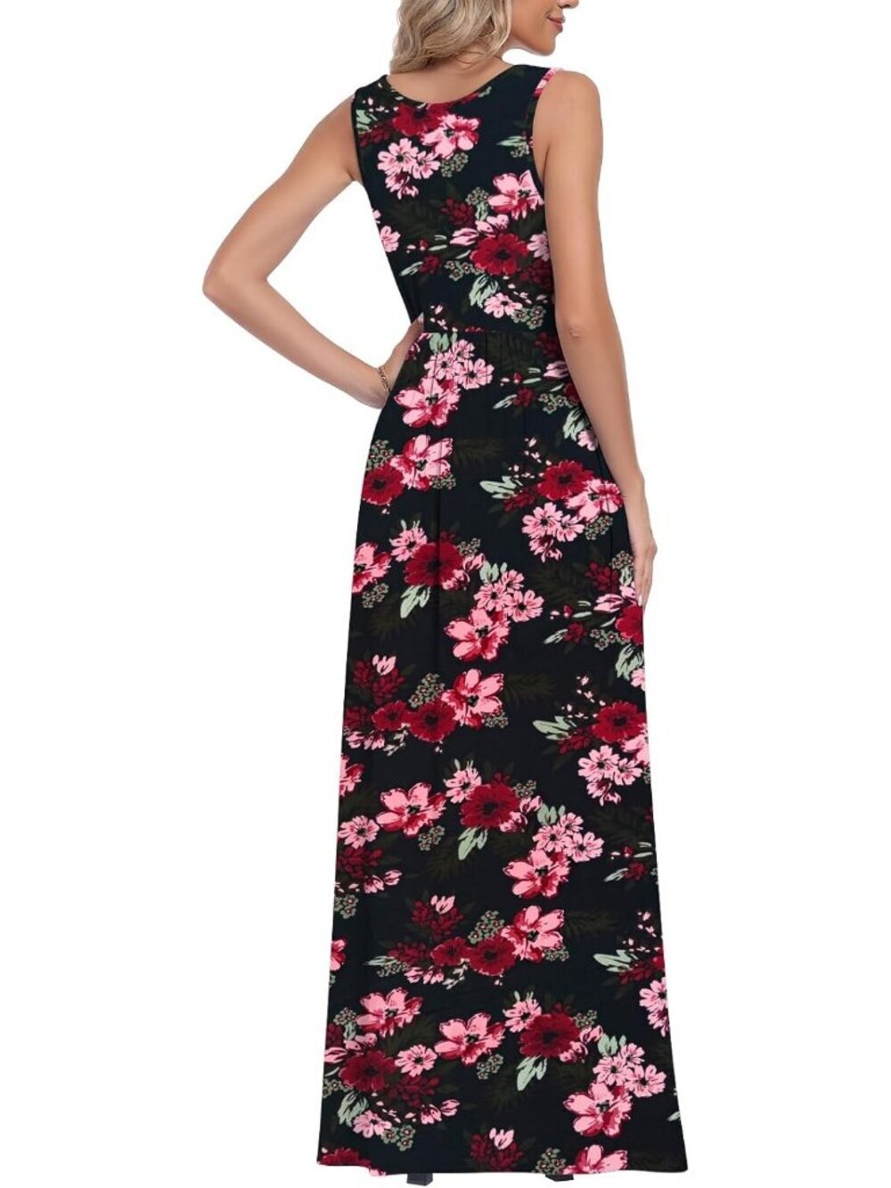 Women's Black Crabapple Flower Sleeveless Flowy Casual Beach Stylish Maxi Dress - Picture 5 of 5